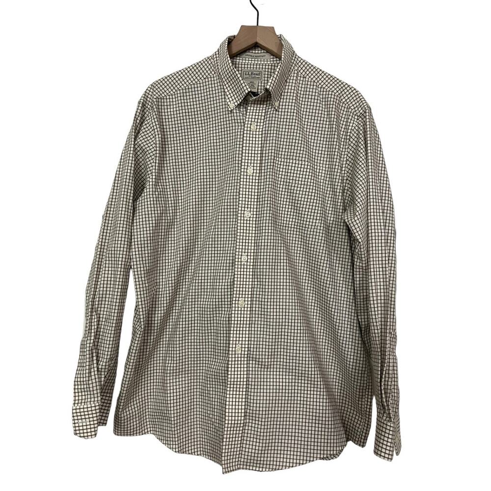 LL Bean Mens Tan and Brown Checked Button Down Style OMt78 Size Large